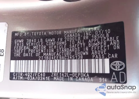 2010 Toyota Corolla Le from USA, damaged, VIN 2T1BU4EE9AC345138